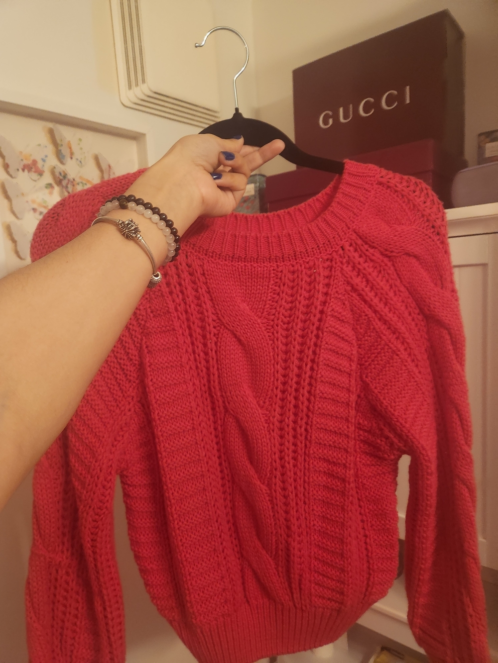 Cable-Knit Crewneck Sweater in Vibrant Pink